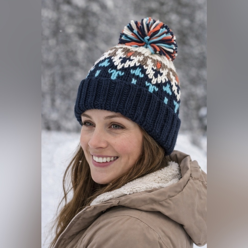 Beanie Fair Isle Knit Pom Pom Unisex One‎ Size Cozy Nordic Scandinavian Snow